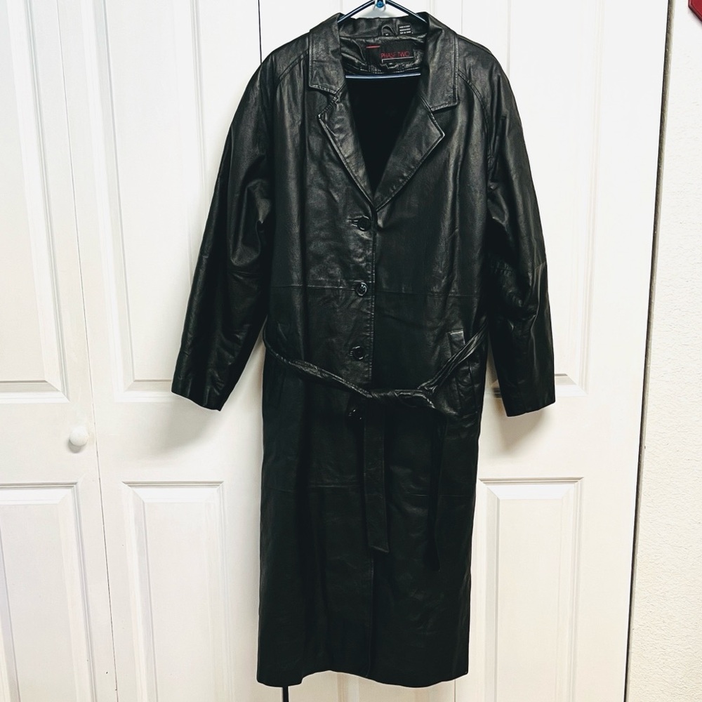 Vintage Phase Two Black Leather Belted Trench Coat Classic Size XL